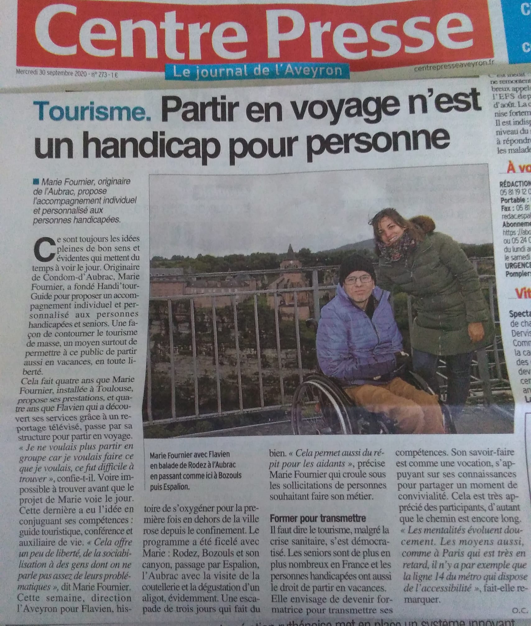 Article de presse Handi'TourGuide accompagnatrice voyage et loisir Handicap